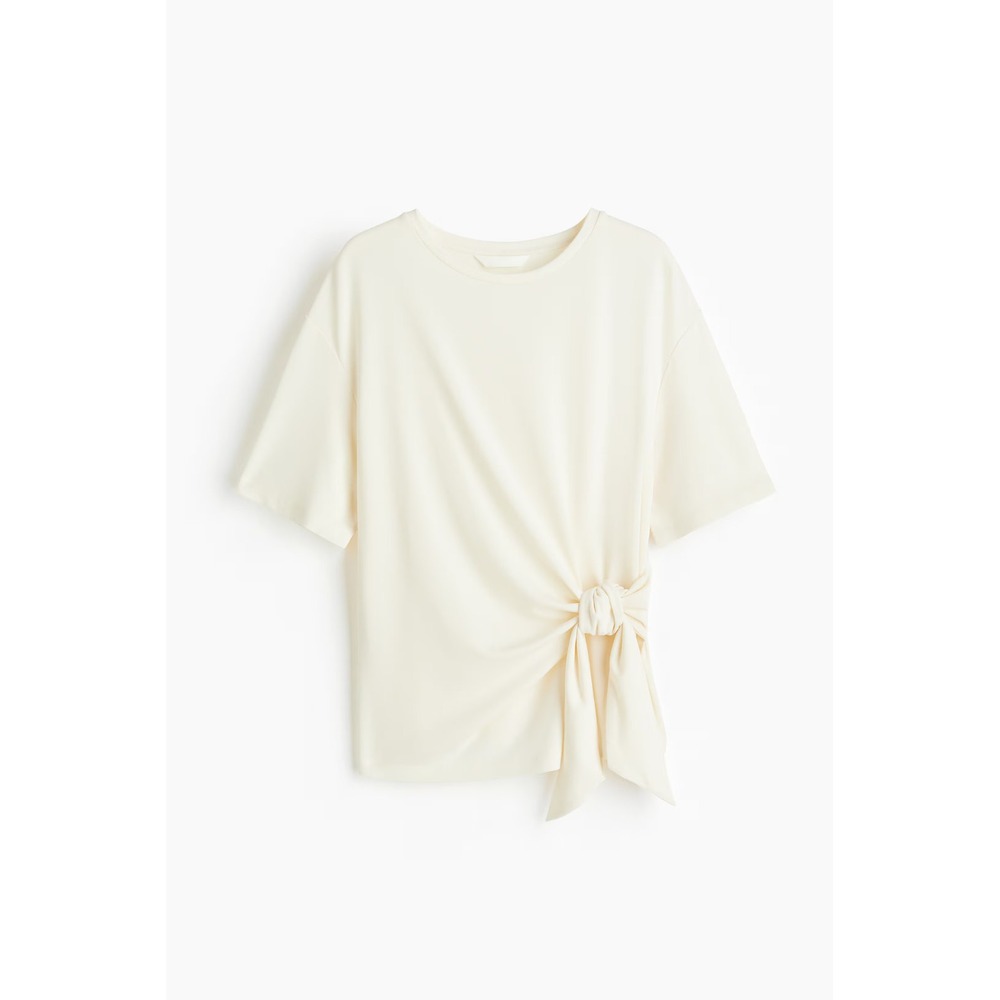 NWT H&M Side Tie Short Sleeve White Blouse Blended Crepe Top Size S